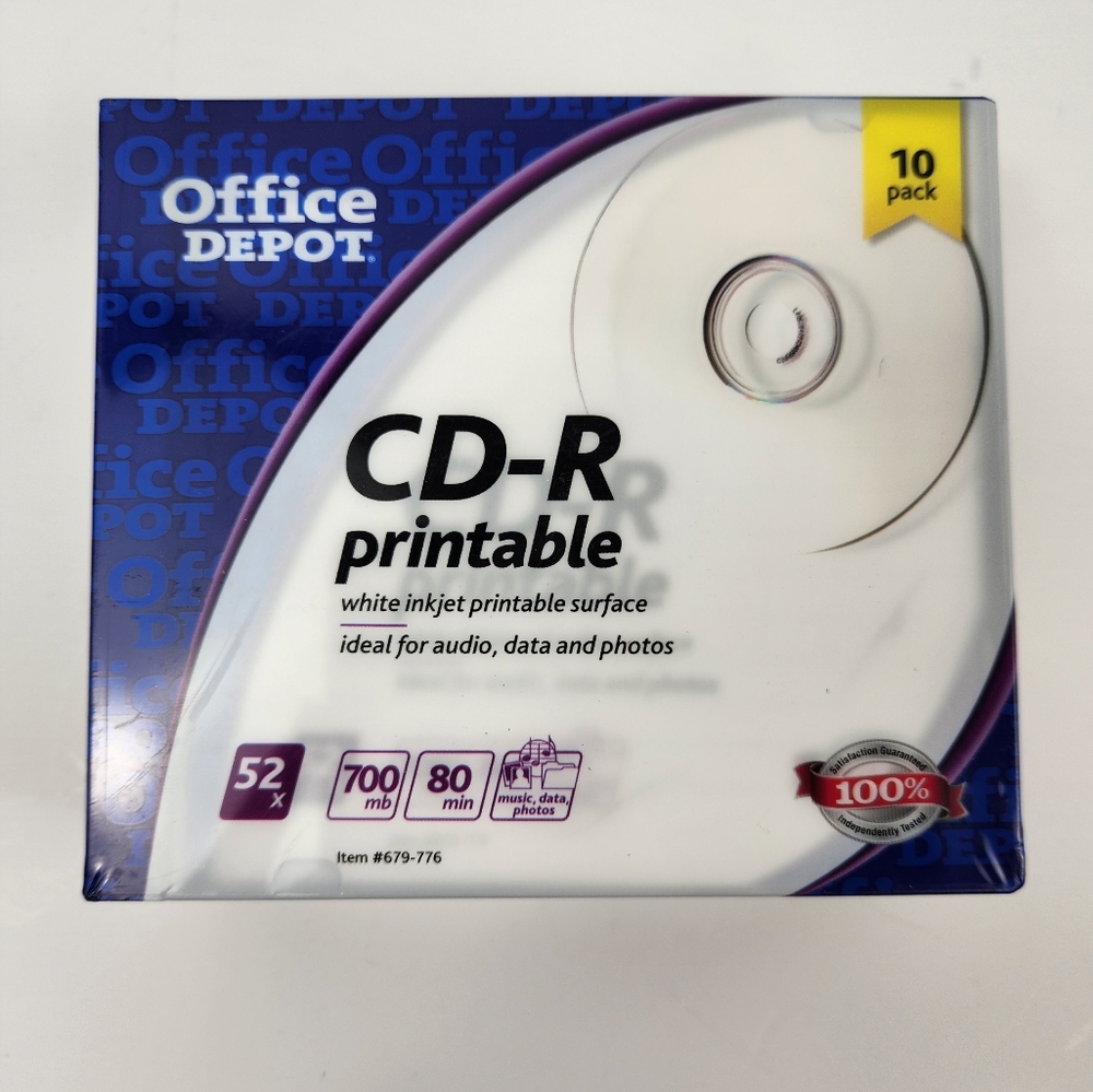 Office Depot CD-R Printable Media 52X, 700mb, 80 min White Inkjet (NEW) 10Ct